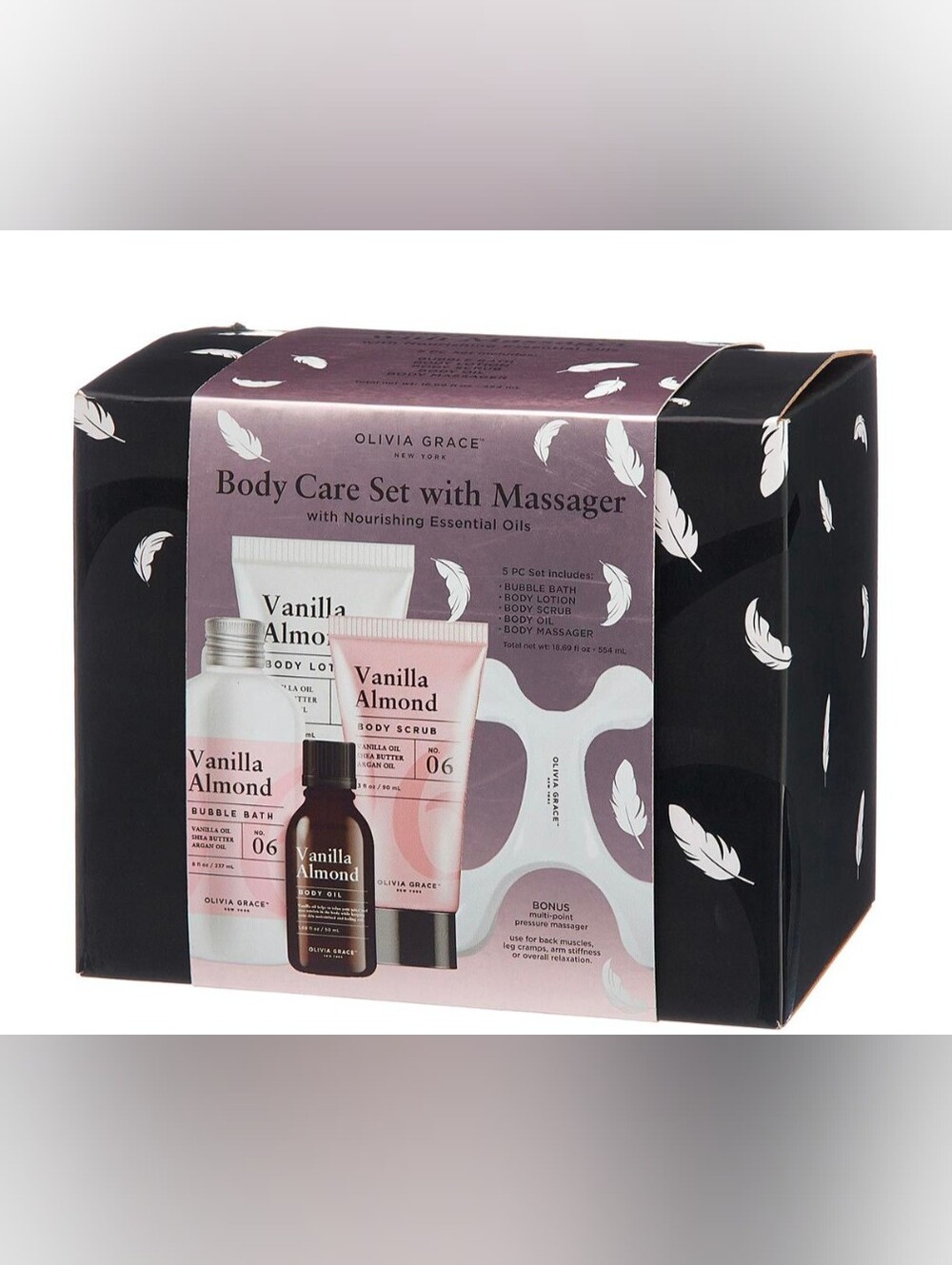 Olivia Rae Vanilla Almond 5PC Body Care Set with Massager - Pink